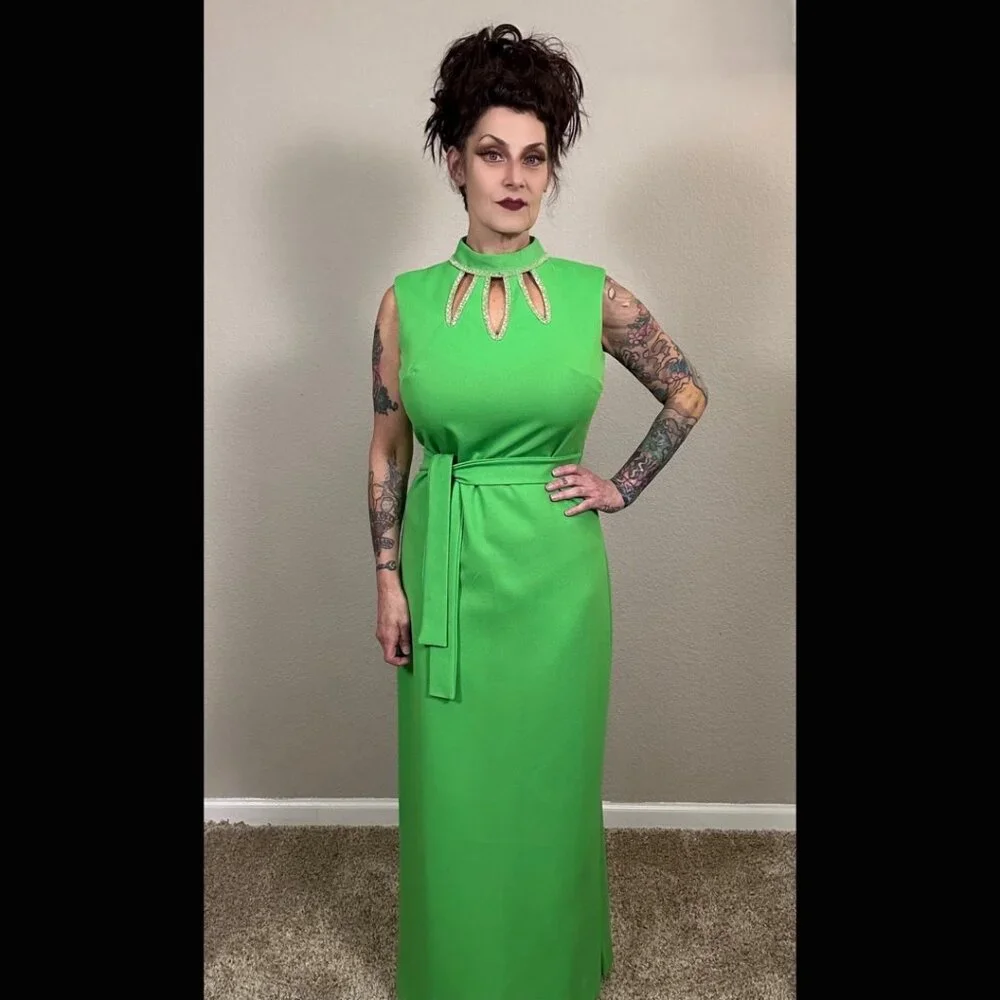 60s Bright Green Maxi Sheath Column Dress Rhinestone MCM Mod Rockabilly Pinup M - Picture 4 of 15
